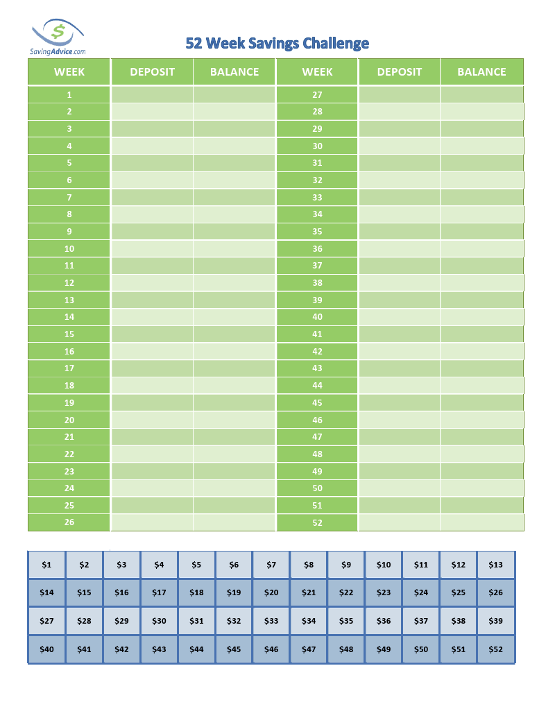 Printable 52 Week Savings Chart
