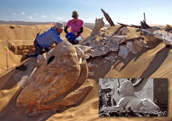Sphinx from the Ten Commandments excavated from sand dunes in California by archaeologists