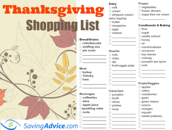Thanksgiving Dinner Printable Shopping List - SavingAdvice.com Blog