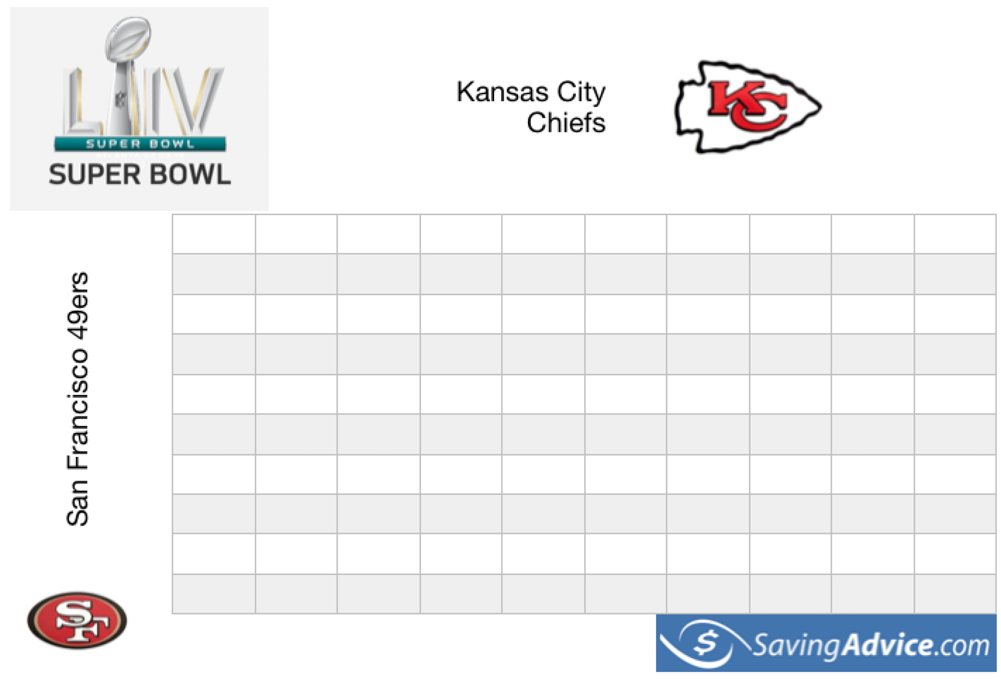 Free Printable Super Bowl Squares Chart for Super Bowl LIV