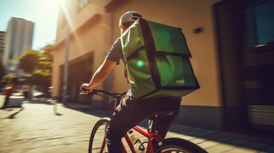 The back of a biker with a green Uber Eats bag on his back biking in the city.