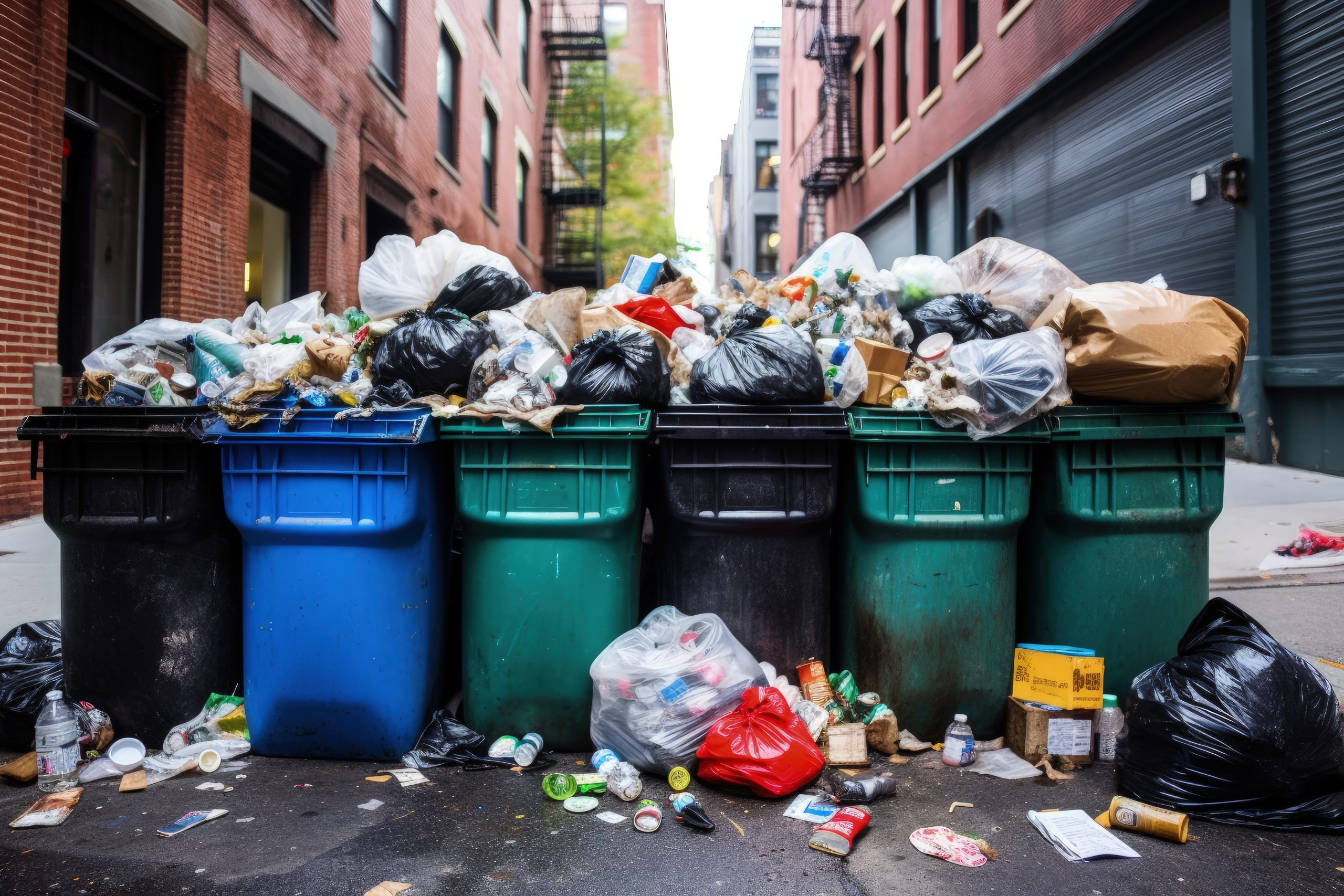 Trash bin in Brooklyn street - indicative of things you don't need to buy that just end up in landfills