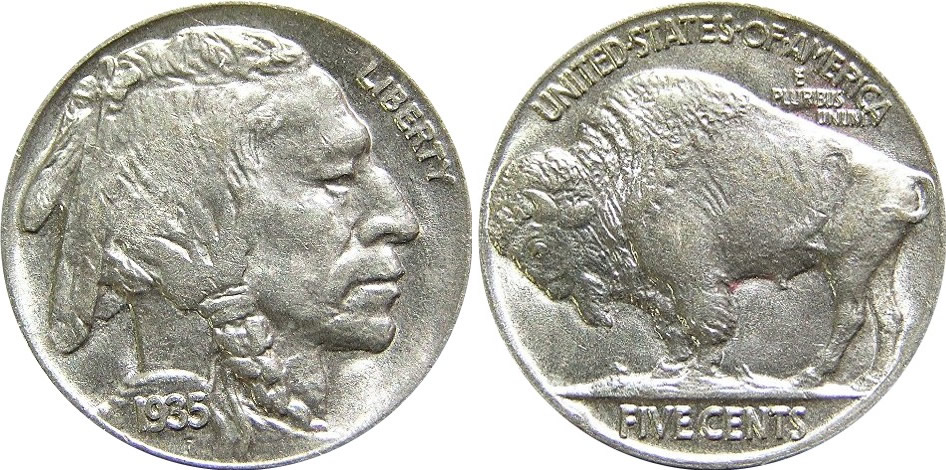 Front and back of a 1935 Indian Head Buffalo Nickel