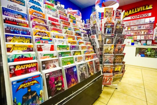 A display case of comic books.