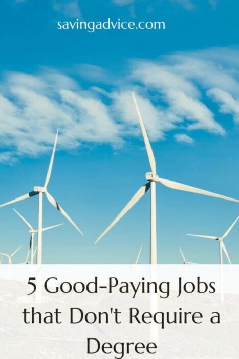 Wind turbines with "good paying jobs that don't require a degree" written on the front