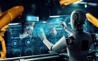 Robot working on an assembly line.