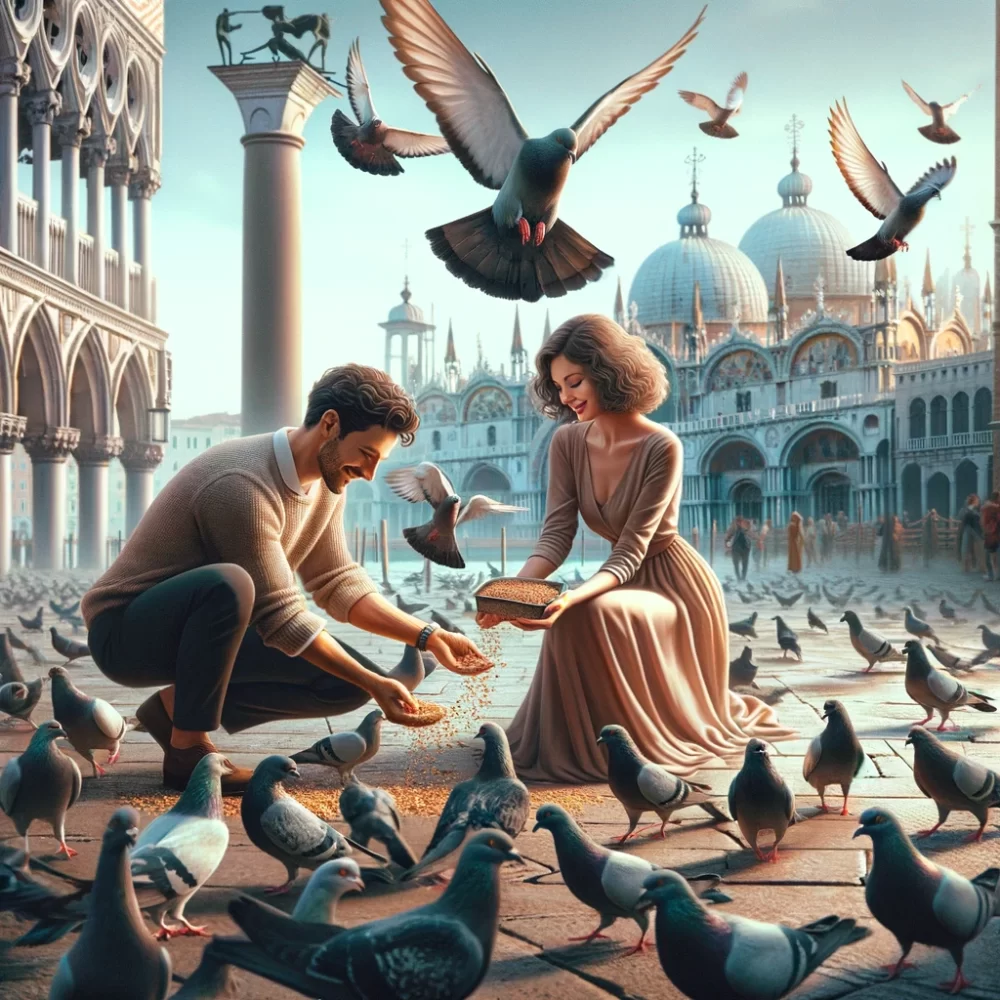 feeding pigeons