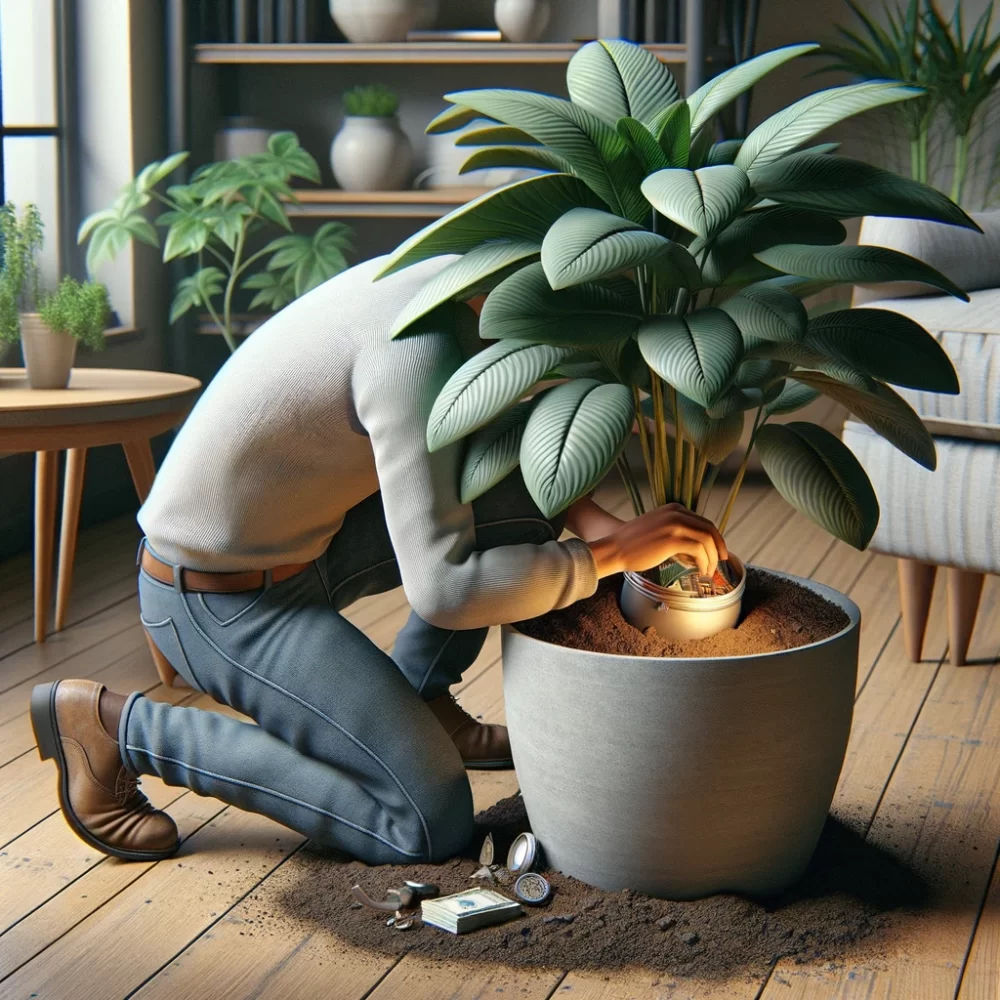 hiding in a potted plant