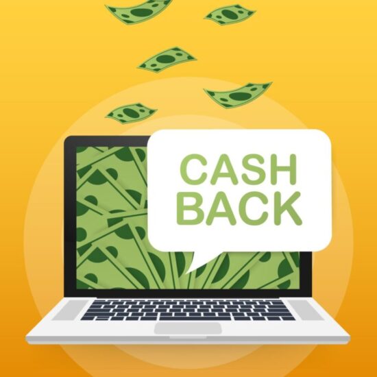 Cartoon of a computer with "Cash back" written by the computer screen and money flying out of the computer.