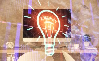 Double exposure of bulb and office interior background. Concept of idea.