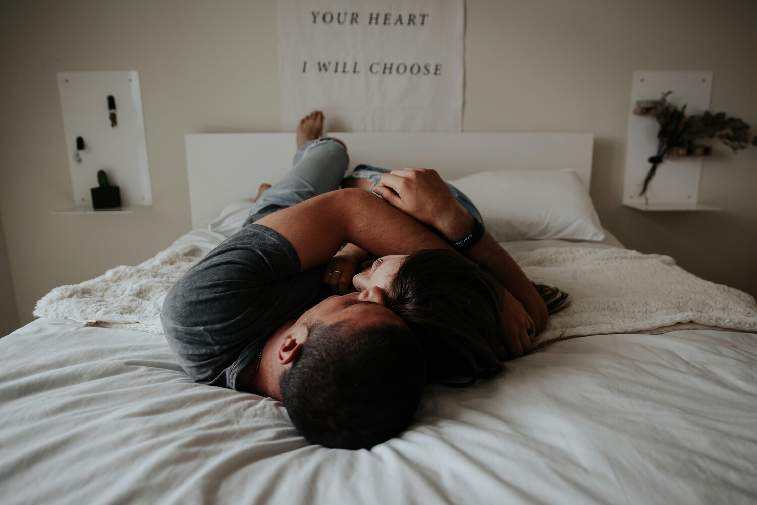 couple cuddling in bed, couple portrait