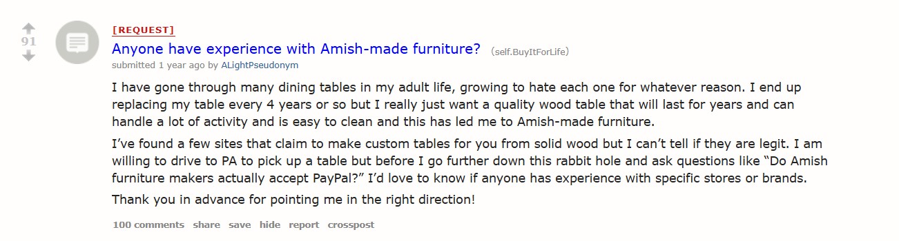 Amish furniture query reddit,