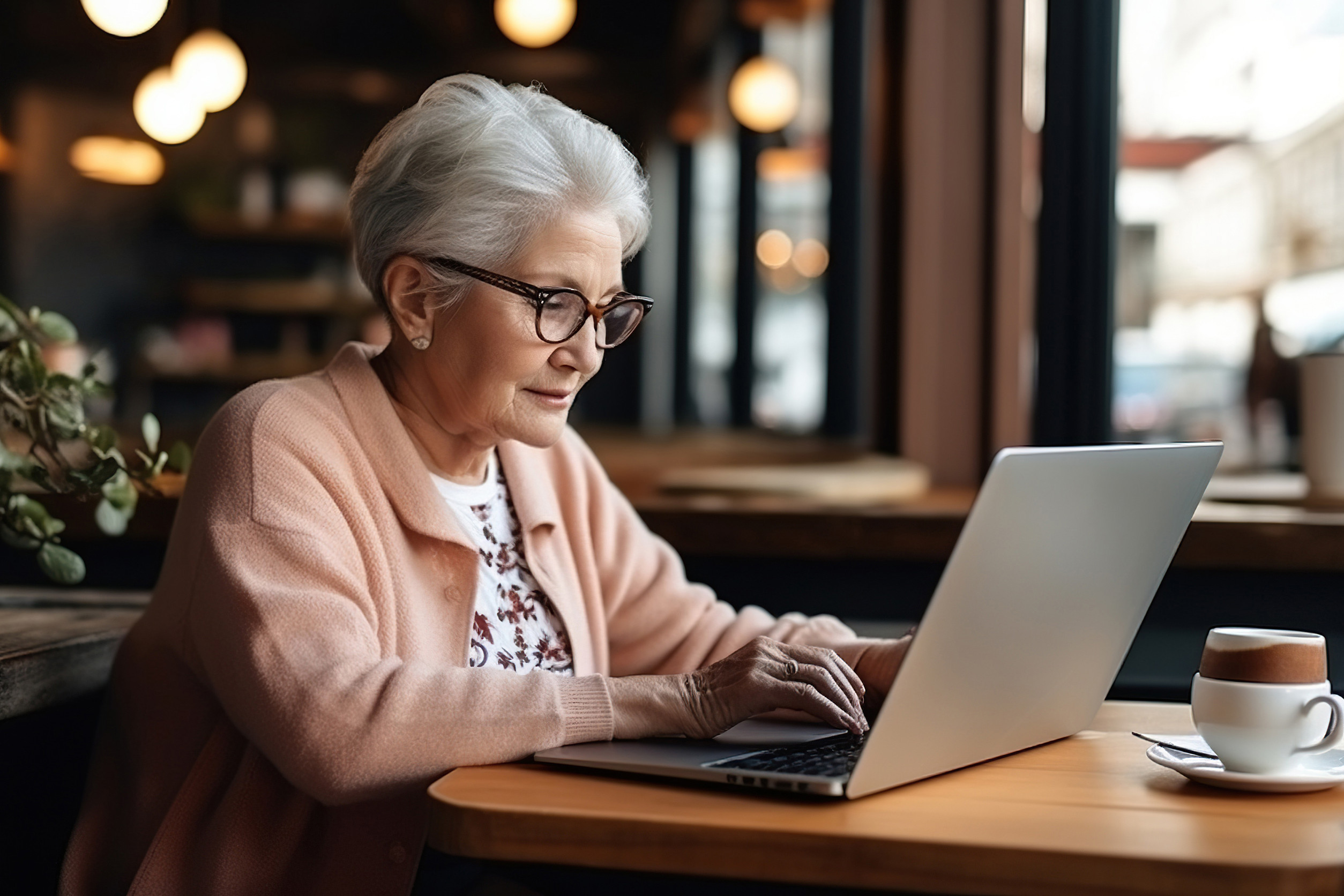 senior managing retirement funds on public wi-fi