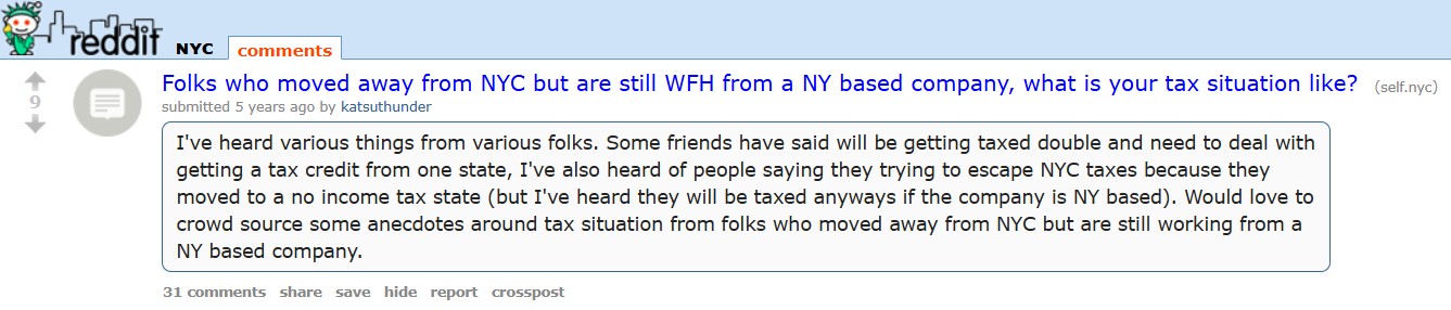 reddit user asking how to get out of NY taxes
